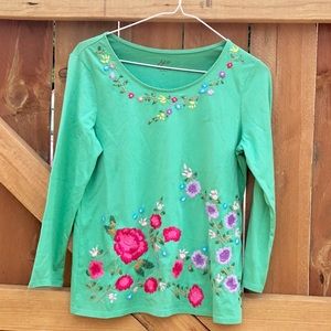 🌟 Floral Embroidered Tee Green J. Jill Womens XS